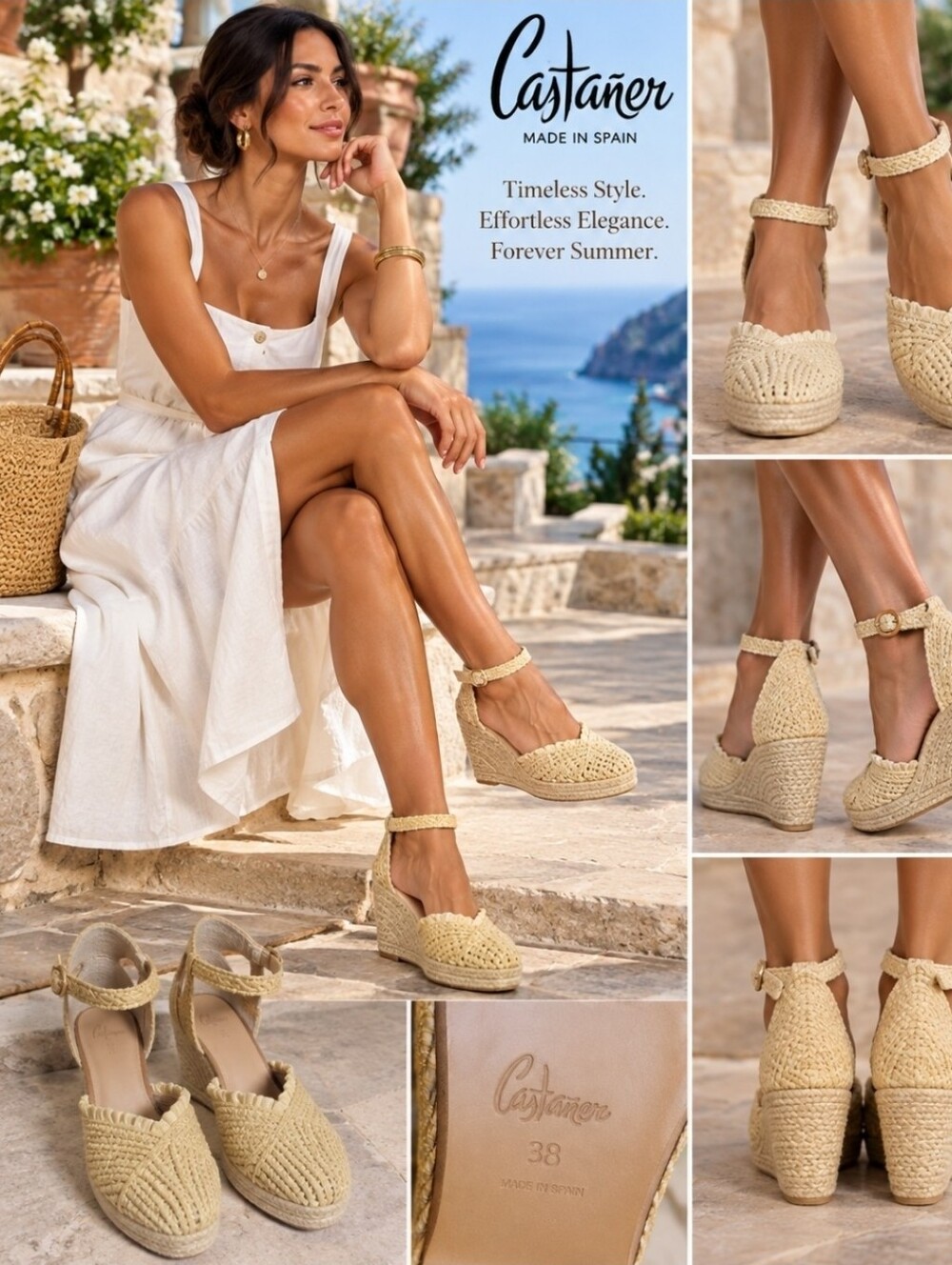 Castañer Raffia Ankle Strap Wedge Espadrilles Women 38 Cream Natural Spain